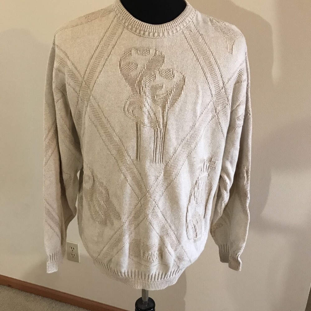 Fairway Sport beige textured crew neck sweater - mens L, chest 24"